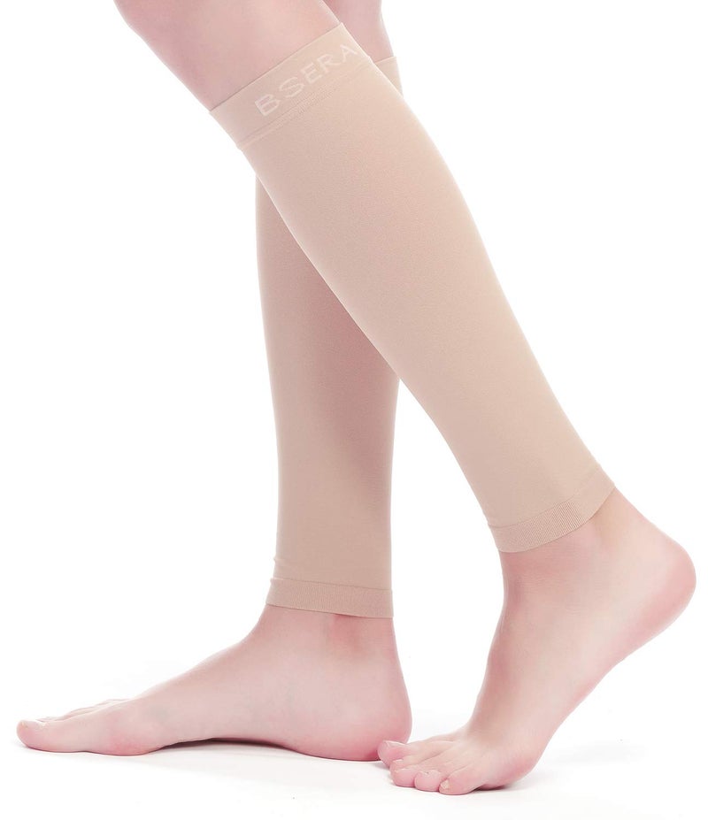 BSERA Calf Compression Sleeve Women 2 Pairs 1520mmHg Calf Support Footless Compression Socks Stockings for Shin Splints Varicose Veins Recovery NudeSkin Small